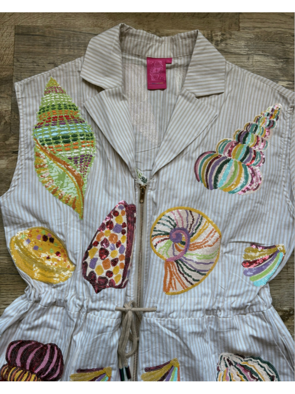Queen of Sparkles Seashell Sequin Jumpsuit – Size XL, Beige/White Stripe - Picture 3 of 7